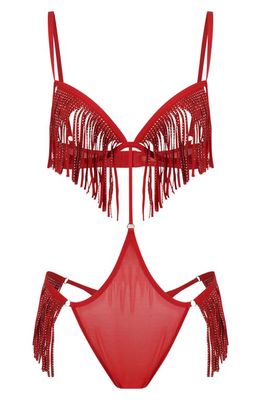 Love, Vera Fringe Rhinestone Cutout Mesh Teddy in Red 