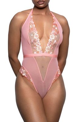 Love, Vera Plunge Floral Embroidered Bodysuit in Coral 