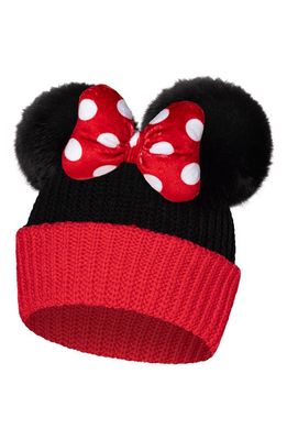 LOVE YOUR MELON x Disney Kids' Minnie Bow Colorblock Faux Fur Pompom Beanie in Red/Black