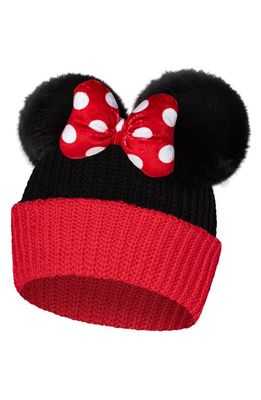 LOVE YOUR MELON x Disney Minnie Mouse Bow Colorblock Faux Fur Pompom Beanie in Red/Black
