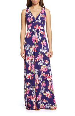 Loveappella Abstract Floral Print Sleeveless Jersey Maxi Dress in Eggplant