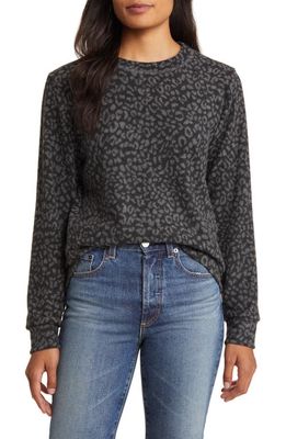 Loveappella Brushed Leopard Print Long Sleeve Crewneck Top in Black/Gray