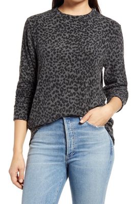 Loveappella Brushed Leopard Print Long Sleeve Crewneck Top in Gray/Black