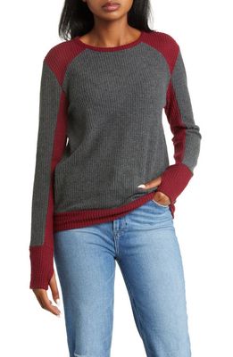 Loveappella Colorblock Long Sleeve Waffle Knit Top in Charcoal Burgundy