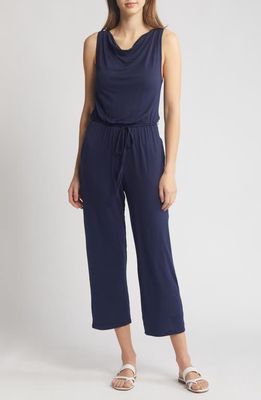 Loveappella Cowl Neck Crop Jumpsuit in Navy 