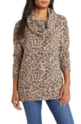 Loveappella Cowl Neck Tunic in Camel/Charcoal