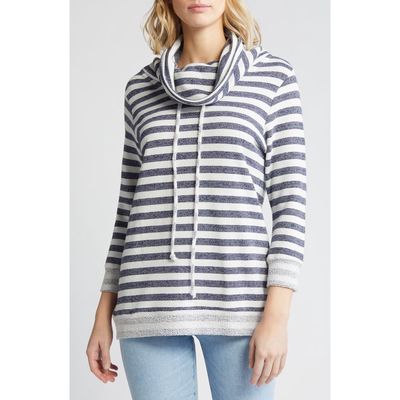 Loveappella Cowl Tie Stripe Pullover in Navy White 