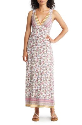 Loveappella Empire Waist Jersey Maxi Dress in Ivory/Coral