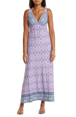 Loveappella Empire Waist Jersey Maxi Dress in Lilac/Denim