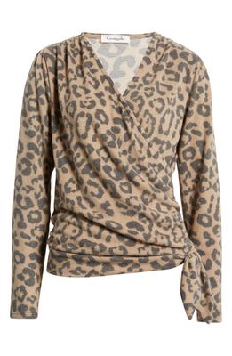 Loveappella Faux Tie Wrap Top in Camel/Charcoal