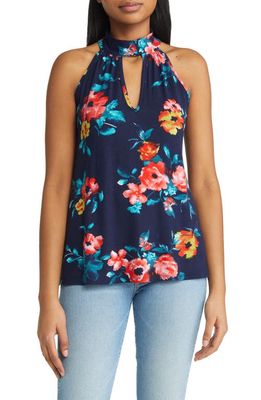 Loveappella Floral Cutout Mock Neck Halter Top in Navy/Coral
