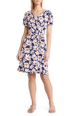 Loveappella Floral Faux Wrap Knit Dress in Navy/Ivory