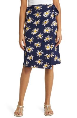 Loveappella Floral Faux Wrap Knit Midi Skirt in Navy