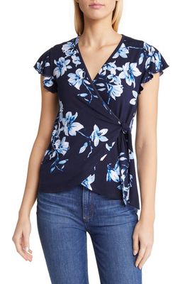 Loveappella Floral Flutter Sleeve Knit Wrap Top in Navy