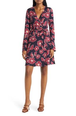 Loveappella Floral Long Sleeve Faux Wrap Dress in Navy Burg