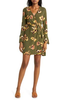 Loveappella Floral Long Sleeve Faux Wrap Dress in Olive
