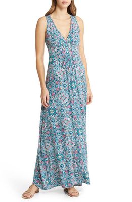 Loveappella Floral Paisley Print Sleeveless Jersey Maxi Dress in Teal
