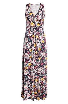 Loveappella Floral Print Empire Waist Jersey Maxi Dress in Navy Multi