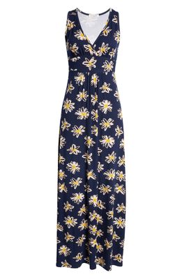 Loveappella Floral Print Empire Waist Jersey Maxi Dress in Navy Yellow