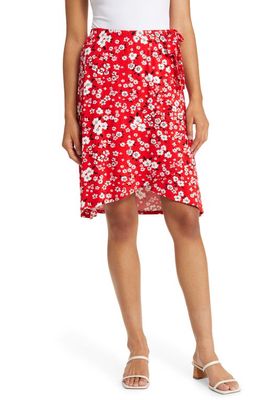 Loveappella Floral Print Faux Wrap Skirt in Red