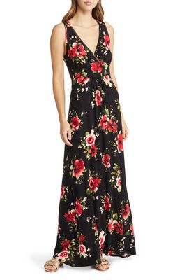 Loveappella Floral Print Sleeveless Jersey Maxi Dress in Black/Red