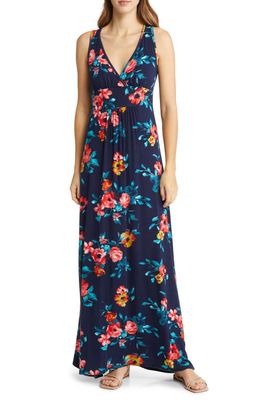 Loveappella Floral Print Sleeveless Jersey Maxi Dress in Navy/Coral