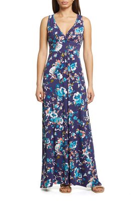 Loveappella Floral Print Sleeveless Jersey Maxi Dress in Navy