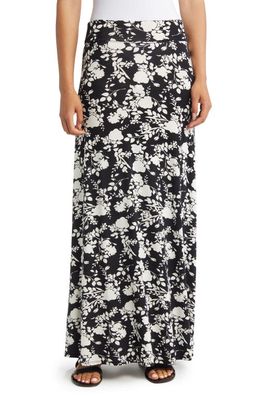 Loveappella Floral Roll Top Maxi Skirt in Black/Ivory