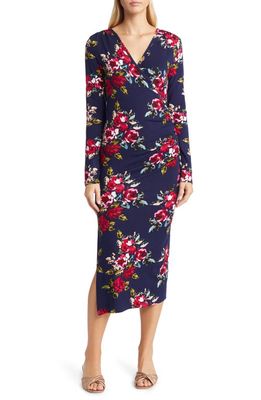 Loveappella Floral Ruched Faux Wrap Midi Dress in Navy Burg