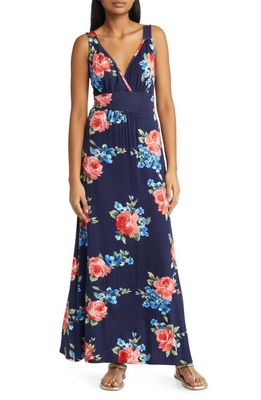 Loveappella Floral Surplice V-Neck Knit Maxi Dress in Navy/Red