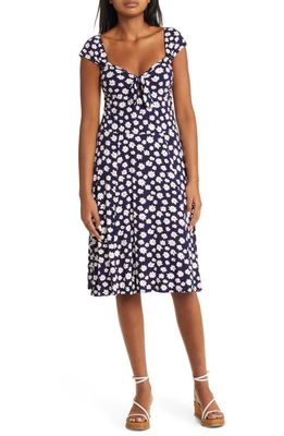 Loveappella Floral Tie Front Cap Sleeve A-Line Dress in Navy