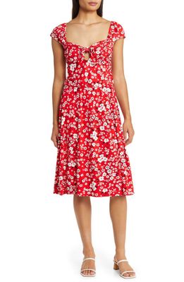 Loveappella Floral Tie Front Cap Sleeve A-Line Dress in Red
