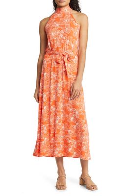 Loveappella Floral Tie Waist Halter Knit Maxi Dress in Tangerine
