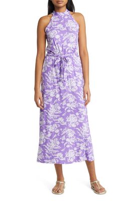 Loveappella Floral Tie Waist Halter Knit Maxi Dress in Violet