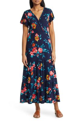 Loveappella Floral Tiered Faux Wrap Knit Maxi Dress in Navy/Coral