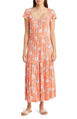 Loveappella Floral Tiered Jersey Midi Dress in Coral