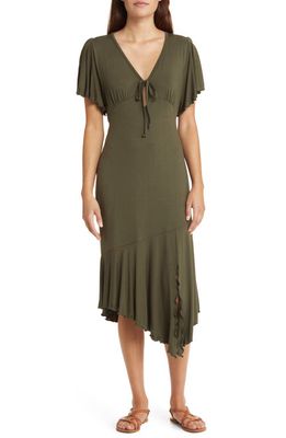 Loveappella Flouncy Tie Front Asymmetric Hem Sheath Dress in Olive