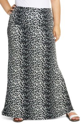 Loveappella Leopard Print Fold Over Maxi Skirt in Gray/Black