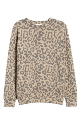 Loveappella Leopard Print Long Sleeve Hacci Knit Top in Camel/Charcoal