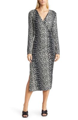Loveappella Leopard Print Ruched Faux Wrap Midi Dress in Gray Black