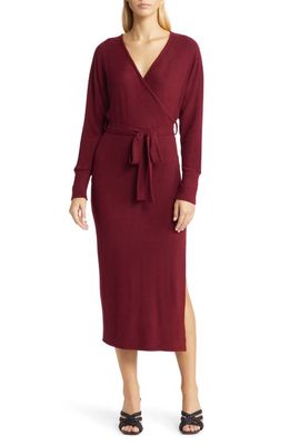 Loveappella Long Sleeve Faux Wrap Midi Dress in Burgundy