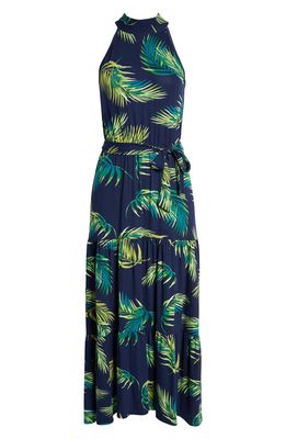 Loveappella Palm Print Halter Neck Knit Maxi Dress in Navy Palm