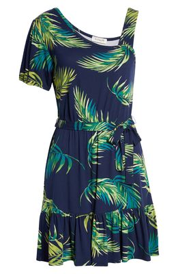 Loveappella Palm Print One-Shoulder Knit Dress in Navy Palm