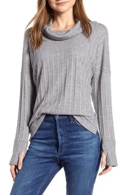 Loveappella Pointelle Ribbed Cowl Neck Top in H Gray