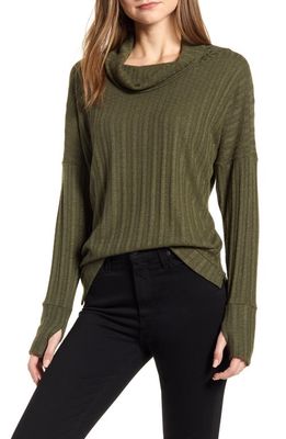 Loveappella Pointelle Ribbed Cowl Neck Top in Olive