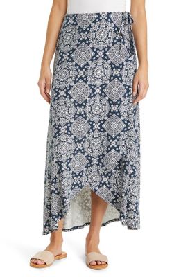 Loveappella Print Faux Wrap Skirt in Navy/Ivory