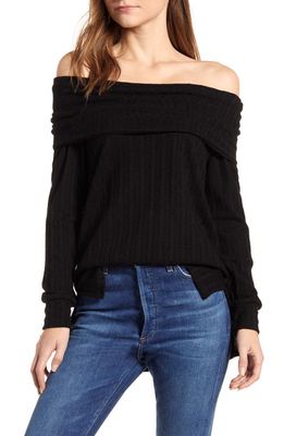 Loveappella Ribbed Pointelle Off the Shoulder Top in Black