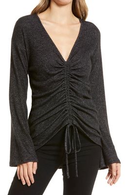 Loveappella Ruched Front Long Sleeve Shirt in Black