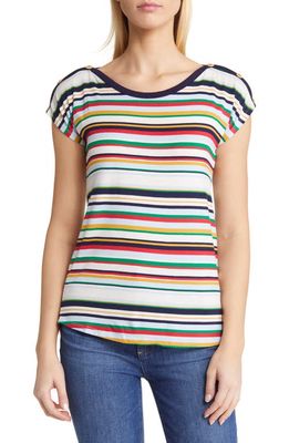 Loveappella Stripe Button Shoulder T-Shirt in Multistripe
