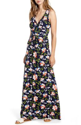 Loveappella Surplice Floral Jersey Maxi Dress in Navy/Red